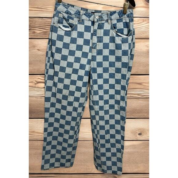 Women's Angel Kiss Checkered Straight Leg Jeans Sz 9 29" Blue Denim 27" Inseam - Picture 1 of 7